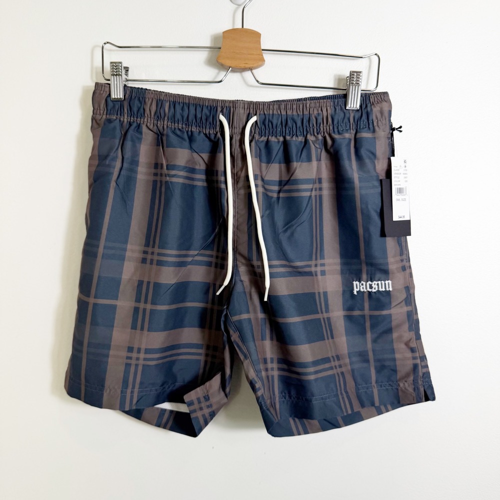 PacSun Swim Trunks Mens Small Brown Plaid Mesh Lined Drawstring Board Shorts